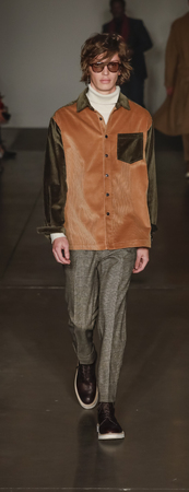 New York, NY, USA - February 5, 2018: A model walks runway at the Todd Snyder Fall/Winter 2018 Runway show during New York Fashion Week: Men's at Pier 59 Studios, Manhattanのeditorial素材