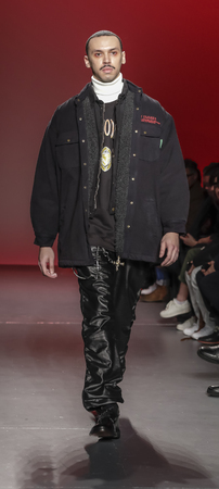 New York, NY, USA - February 5, 2018: A model walks runway for Willy Chavarria Fall/Winter 2018 runway show during NY Fashion Wweek: Men's at Pier 59 Studios, Manhattanのeditorial素材