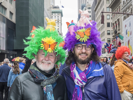New York, NY, USA - April 1, 2018: Unidentified people in costumes attend 2018 New York Easter Parade and Bonnet Festival on 5th Avenue, Manhattan near St.Patrickâs Cathedral.のeditorial素材