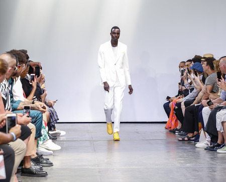 New York, NY, USA - July 9, 2018: A model walks runway for Carlos Campos Spring/Summer 2019 collection during NY Fashion Week: Men's at Industria Studios, Manhattanのeditorial素材