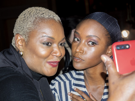 New York, NY, USA - September 10, 2018: A model prepares backstage for Dennis Basso Spring/Summer 2019 runway show during New York Fashion Week at Cipriani 42nd Street, Manhattanのeditorial素材