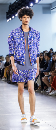 New York, NY, USA - September 12, 2018: A model walks runway to present Marcel Ostertag  Spring/Summer 2019 collection during New York Fashion Week at Spring Studios, Manhattanのeditorial素材