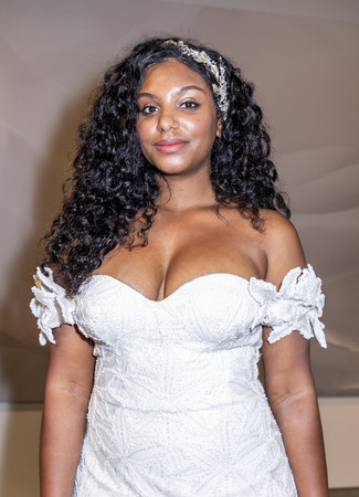 New York, NY, USA - October 6, 2018: Model shows up dresses for Atelier Pronovians 2019 Presentation during New York Bridal Week at Studio 525, Manhattan.のeditorial素材