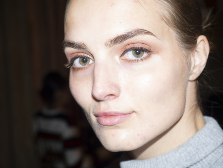 New York, NY, USA - February 11, 2019: A model prepares backstage for Dennis Basso Fall/Winter 2019 Collection during New York Fashion Week at Cipriani 42nd Street, Manhattanのeditorial素材