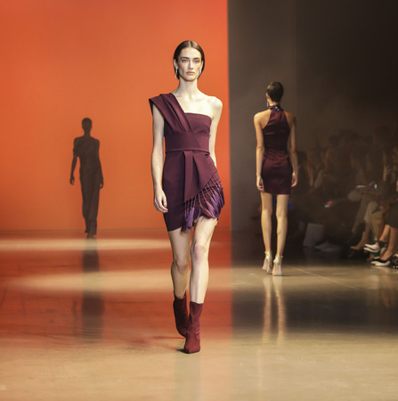 New York, NY, USA - February 8, 2019: A model walks runway for Cushnie Fall/Winter 2019 collection during New York Fashion at Spring Studios, Manhattanのeditorial素材