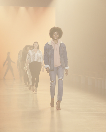 New York, NY, USA - February 8, 2019: Models walk runway rehearsal for Cushnie Fall/Winter 2019 collection during New York Fashion at Spring Studios, Manhattanのeditorial素材