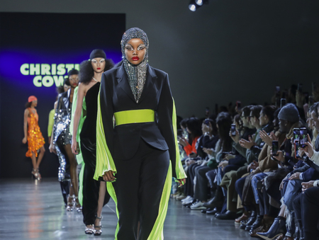 New York, NY, USA - February 12, 2019: Models walk runway for Christian Cowan Fall/Winter 2019 collection during New York Fashion at Spring Studios, Manhattanのeditorial素材