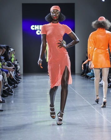 New York, NY, USA - February 12, 2019: A model walks runway for Christian Cowan Fall/Winter 2019 collection during New York Fashion Week at Spring Studios, Manhattanのeditorial素材