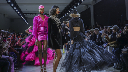 New York, NY, USA - February 12, 2019: Models walk runway for Christian Cowan Fall/Winter 2019 collection during New York Fashion at Spring Studios, Manhattanのeditorial素材