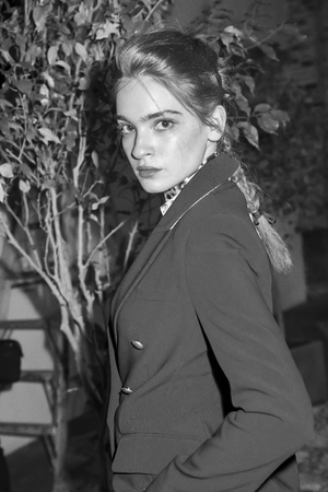 New York, NY, USA - February 6, 2019: A model shows up dress for LâAGENCE FW19 collection Presentation during New York Fashion Week at Industria, Manhattanのeditorial素材