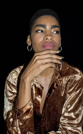 New York, NY, USA - September 7, 2019: Amodel prepares backstage for Rebecca Minkoff Spring/Summer 2020 presentation during New York Fashion Week at Pier 59 Studios, Manhattanのeditorial素材