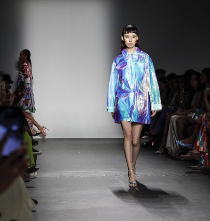 New York, NY, USA - September 9, 2019: A model walks runway for Custo Barcelona Spring/Summer 2019 collection during New York Fashion Week at Pier 59 Studios at Chelsea Piers, Manhattanのeditorial素材