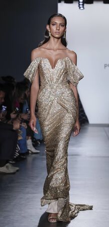 New York, NY, USA - February 7, 2020: A model walks runway for Pamella Roland Fall/Winter 2020 collection during New York Fashion Week at Pier 59 Studuos, Manhattanのeditorial素材