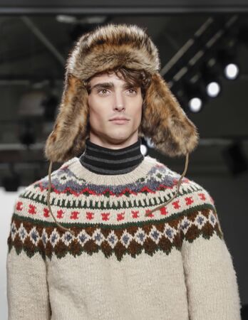 New York, NY, USA - February 5, 2020: A model walks runway for the Todd Snyder Fall/Winter 2020 collection during New York Fashion Week: Men's at Pier 59 Studios, Manhattanのeditorial素材