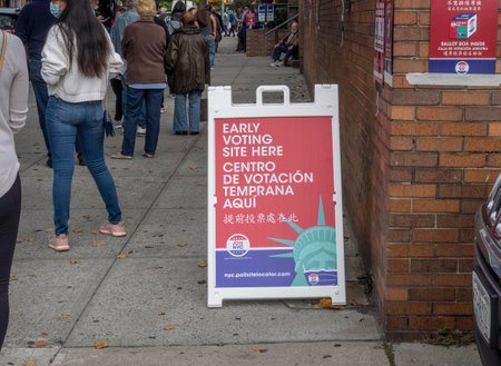 Brooklyn, NY, USA - October 24, 2020: People waiting in line for early presidential voting at St....