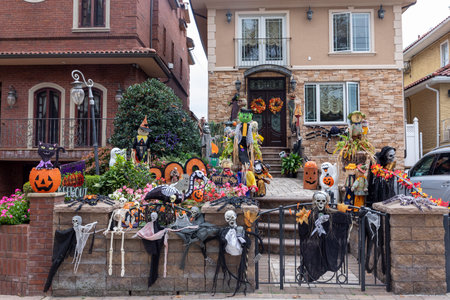 Brooklyn, NY, USA - October 13, 2021: Halloween decorated houses in Dyker Heights part of Brooklyn. Dyker Heights turns into âDyker Frightsâ for Halloween.のeditorial素材