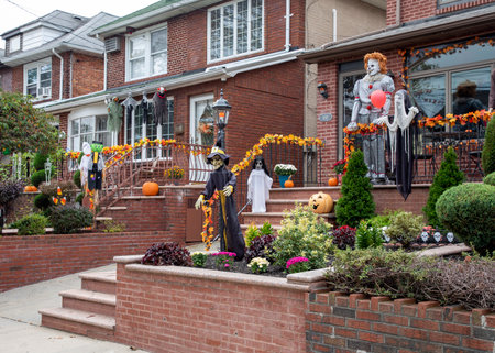 Brooklyn, NY, USA - October 13, 2021: Halloween decorated houses in Dyker Heights part of Brooklyn. Dyker Heights turns into âDyker Frightsâ for Halloween.のeditorial素材