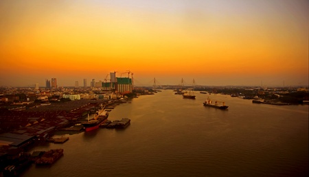 Port in the evening the sky was orange.の写真素材