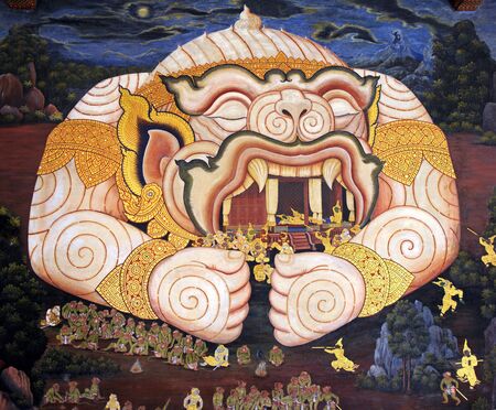 Wall painting at Grand Palace, Bangkok, Thailand. The painting is about Ramayana epic story.