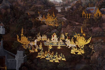 Wall painting at Grand Palace, Bangkok, Thailand. The painting is about Ramayana epic story.のeditorial素材
