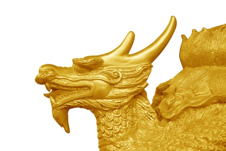 Golden dragon statue on white backgroundの写真素材