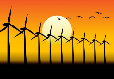 Alternative group of energy-producing windmills with sunset background.のイラスト素材