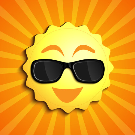 Smiling summer sun character with sunglasses as a happy ball of glowing hot seasonal funのイラスト素材