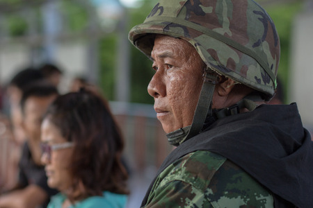 Victory monument ,Bangkok ,Thailand - May 31 ,2014. Thai Army prepare their defensive line for anti...