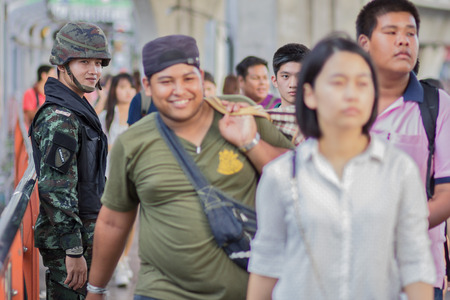 Victory monument ,Bangkok ,Thailand - May 31 ,2014. Thai Army prepare their defensive line for anti riot after Thai Royal Army coup d'etat on May 23,2014 in Bangkok ,Thailand.のeditorial素材