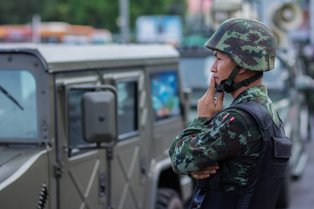 Victory monument ,Bangkok ,Thailand - May 31 ,2014. Thai Army prepare their defensive line for anti riot after Thai Royal Army coup d'etat on May 23,2014 in Bangkok ,Thailand.のeditorial素材