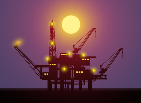 Illustration of oil platform on sea and Oil Pump at night Full Moon , vectorのイラスト素材