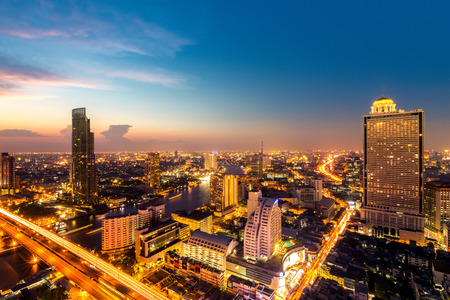 Bangkok City at night time, Hotel and resident area in the capital of Thailandの写真素材
