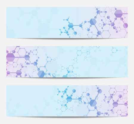 Set of modern scientific banners. Molecule structure of DNA and neurons. Abstract background. のイラスト素材