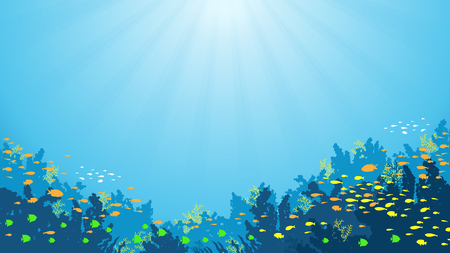 Underwater Background with Fishes, Sea plants and Coral Reefsのイラスト素材