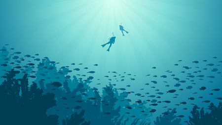 Underwater Background with Fishes, Sea plants and Coral Reefsのイラスト素材