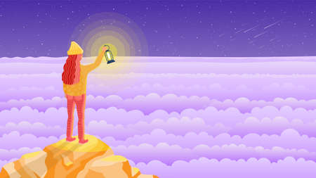 Girl with a lamp Go up to the top of the hill to see the stars and night view.のイラスト素材