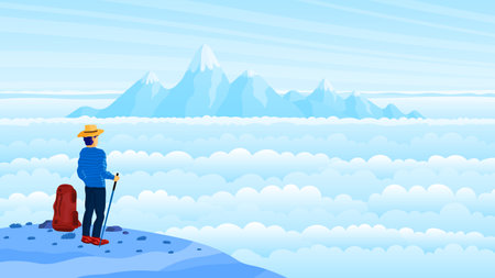 Travelers come to the top of a mountain to watch the morning mist.のイラスト素材