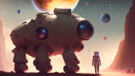 Female astronaut with a spaceship exploring the stars.Generative AIの素材