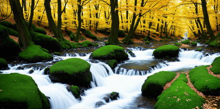 a stream running through a lush green forest filled with trees and rocks in the fall season, with yellow leaves on the trees,Generative AIの素材