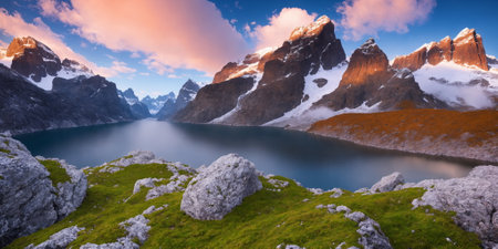 a mountain range with a lake surrounded by rocks and grass in the foreground and a few snow capped mountains in the background,Generative AIの素材
