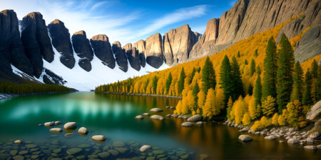 Mountains in autumn with a lake in the foreground.  AI generatedの素材