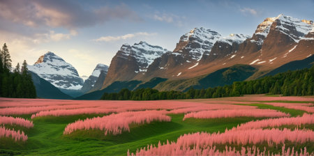 Field of orange flowers in the middle of the valley The background is a large mountain.  AI generatedの素材