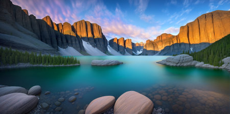 The lake during the sunshine time shines on the mountain peak.  AI generatedの素材