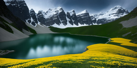 A lake and high mountains have fields of yellow flowers in the foreground.  AI generatedの素材