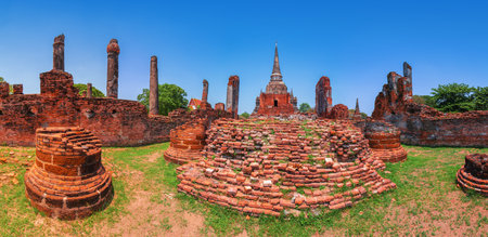 An old city with beautiful Thai temples, Ayutthaya, Thailand - Wat Phra Si Sanphet. Wide angle panoramaの写真素材