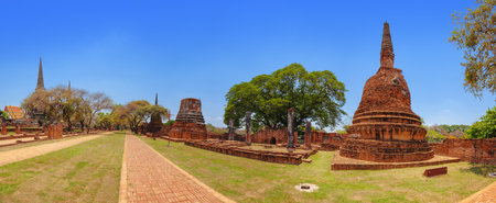 An old city with beautiful Thai temples, Ayutthaya, Thailand - Wat Phra Si Sanphet. Wide angle panoramaの写真素材