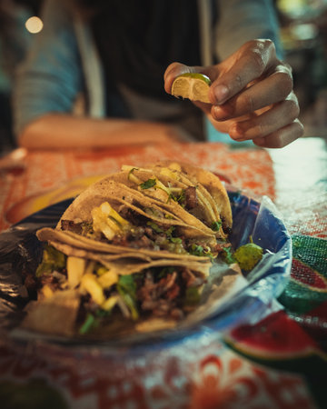 Plate of Tacos al Pastor: Succulent marinated pork, vibrant garnishes. A flavor explosion that embodies the essence of Mexican cuisineの写真素材