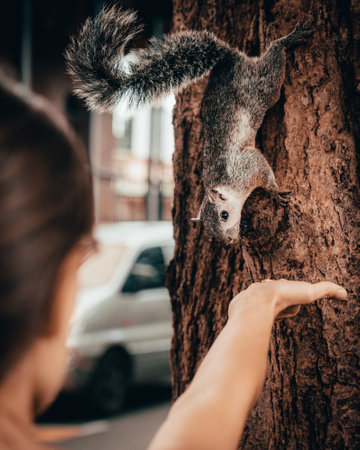 A curious squirrel in a tree explores the scent of a woman's hand. A delightful encounter between nature and human captured in a moment of connectionの写真素材