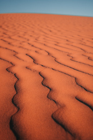 Nature's masterpiece: Intricate patterns sculpted by wind upon the desert sands, a captivating display of rhythmic curves and delicate ripples.の写真素材