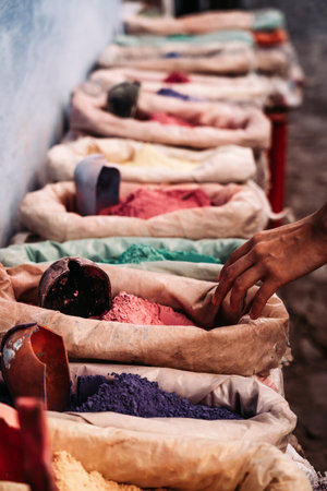 Colorful dusty sand bags: Bags of vibrant, colorful sand invite creative exploration and sensory delights.の写真素材